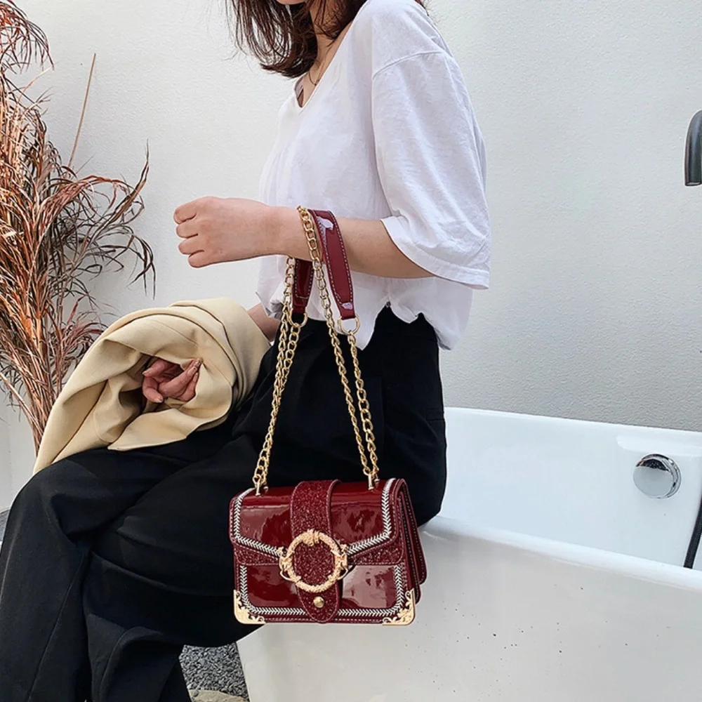Graphite Chain Glitter Leather Shoulder Bag / Crossbody Bag (Red) - Picture 4 of 5